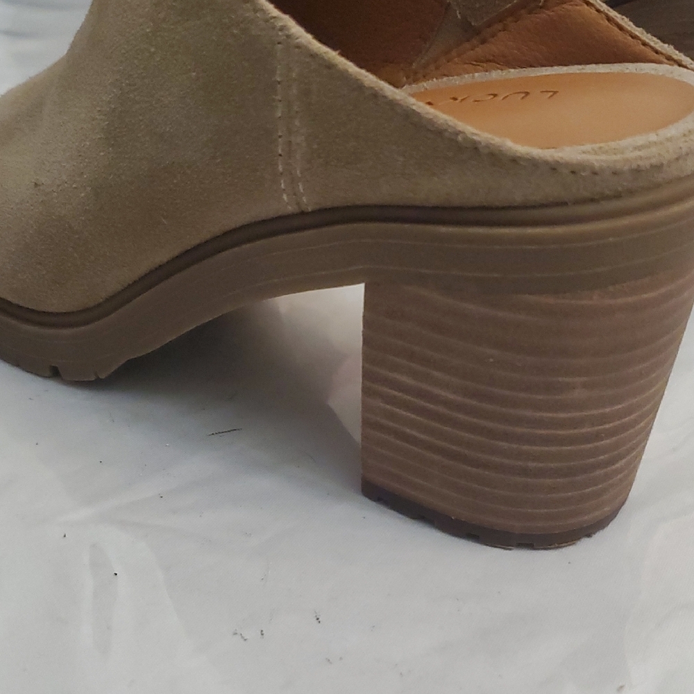 Lucchese Women's Beige Suede Block Heel Mules - Picture 2 of 6